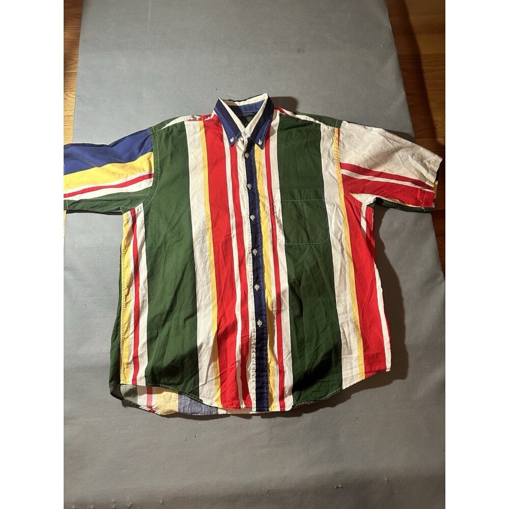 Vintage 90 Nautica Button Down Color Block Striped Short Sleeve LARGE VTG
